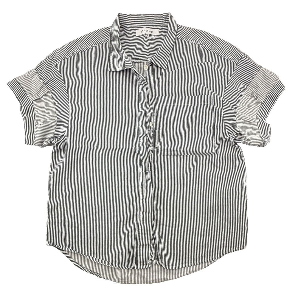 Frame Striped Short Sleeve Button Front Shirt Womens XS Blue White Collar Pocket